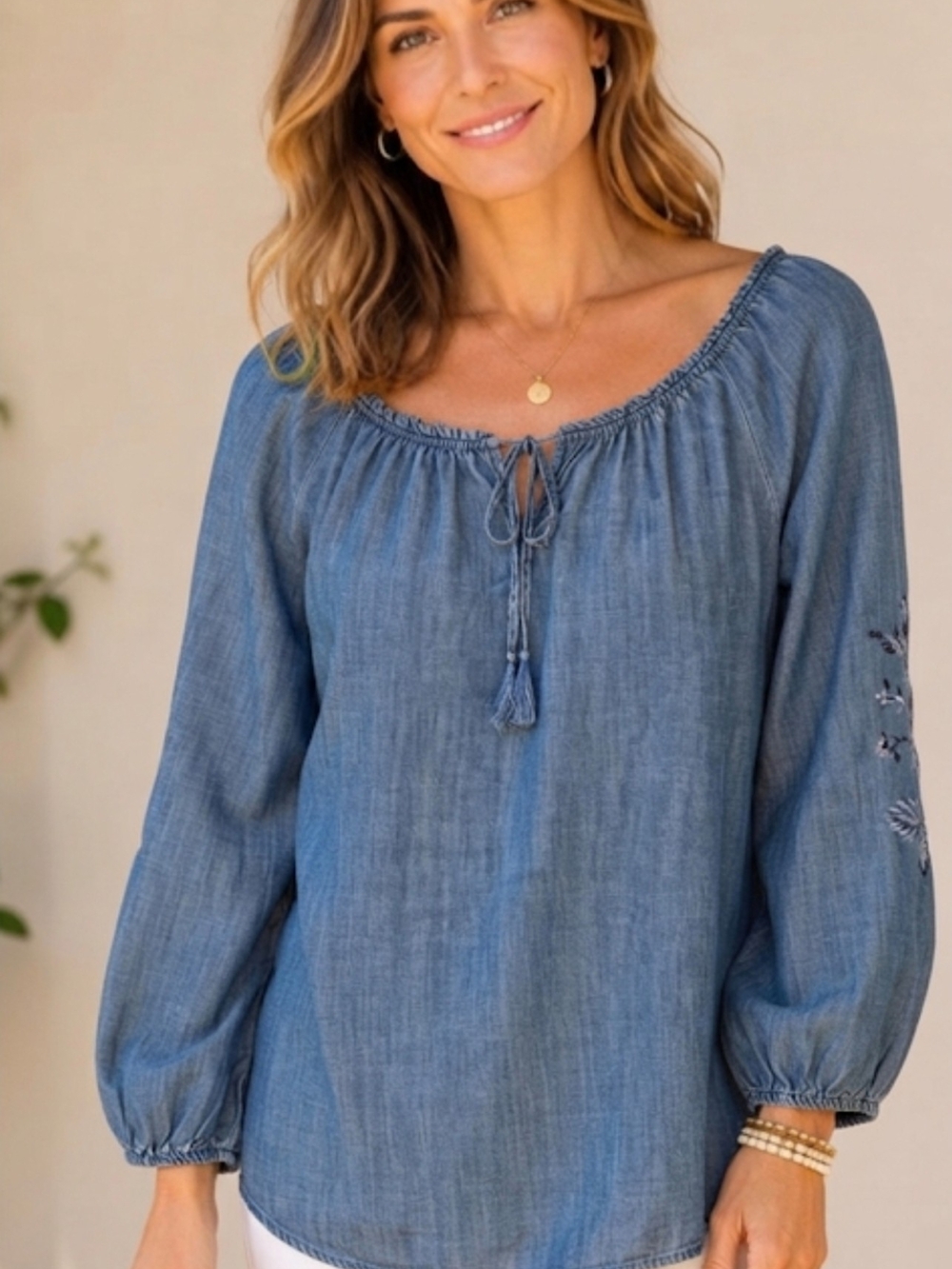 LC Lauren Conrad Blue Chambray Embroidered Tassel Peasant Blouse Size L SKU 0210 - Picture 1 of 12